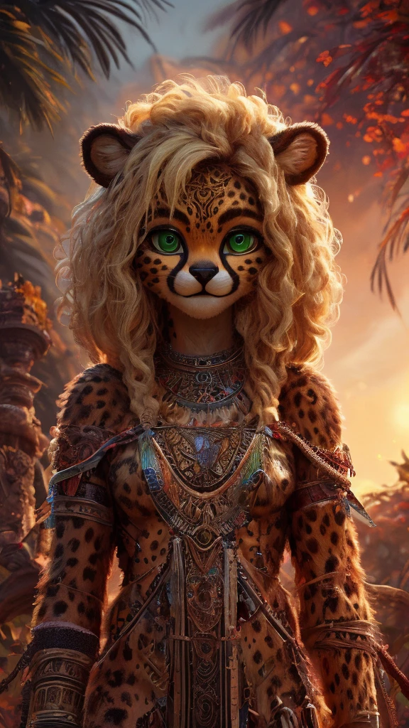 Sublime, oil painting of (cute) medium white with curly hair, (20yo), (goddess with stunning face) at dawn, cheetah girl, photorealistic furry body,(contented), concept art bokeh, inspired by Greg Rutskowski, hyperrealism, rust, cinematic, high contrast with a widescreen feel, digital painting, digital illustration, extreme detail, digital art, 8k, ultra hd, better quality, natural pose, tribal, light smile, serene, looking through, medium shot, (((stunning blonde))), profissional photo, life like,frontal flat fringe, highest Quality green eyes details,(full body),wide angle,pale skin,(INTRICATE DETAILED EYES:1.3)