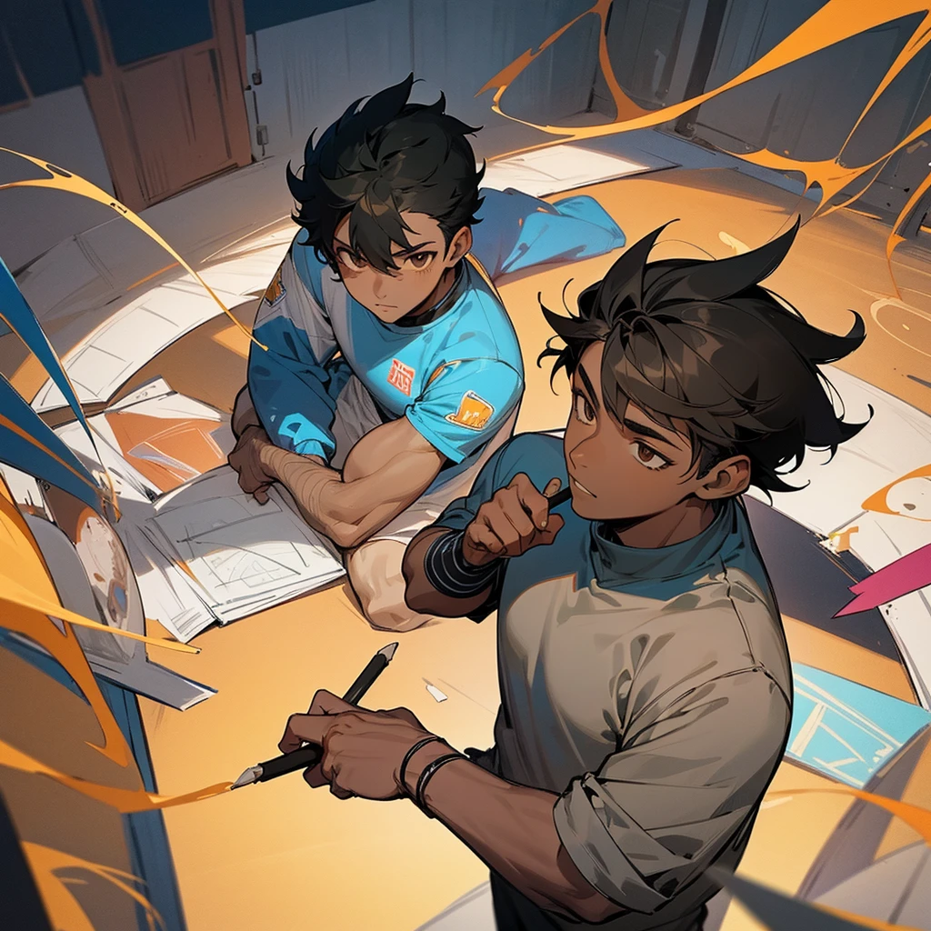 A dark skin boy ..he love sports and quite places . He got balck hair ..he got brown eyes he loves drawing . In a studying pose