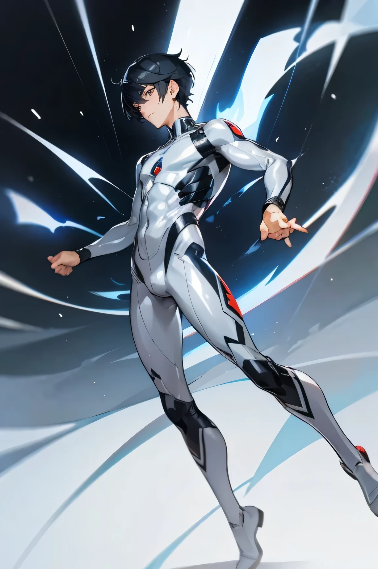 Japanese male handsome model　Black Hair　　Short cut　　G-I-A-CUT　looking at the camera　Shiny full-body silver suit　　　Shiny silver latex suit　　Fierce face　Handsome　　future　Metal Body　　 dynamic pose