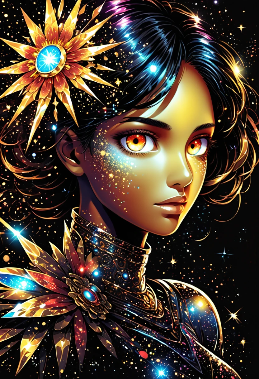 manga comic, manga anime, PORTRAIT, only face portrait, macro, a LATINO battle angel portrait holding a cross , beautiful black skin with sparkles and glitter, long golden hair with red and blure flowers on hair, shiny and lightening eyes, cosmos eyes, holding a cross, highly detailed skin (vectorized) , detailed skin, anime style< image is compelling with dynamic composition and energetic posing. Include many fantasy details such as bumps, phantasmal iridescence, glitter, galaxy, cosmos, ((dark celestialskin body, void cosmic body)), (((dark background))), (((lights off))), (((hollywood dark))), horror, dramatic shadows, (in a dark fantasy space:1.3, glitter, sparkle, gleam) vector digital illustration, (black background:1.5)sharp