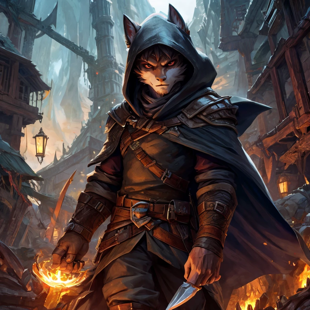 ten mens, rogue , detailed front, high resolution, Detailed lighting, short cloak with details and dagger