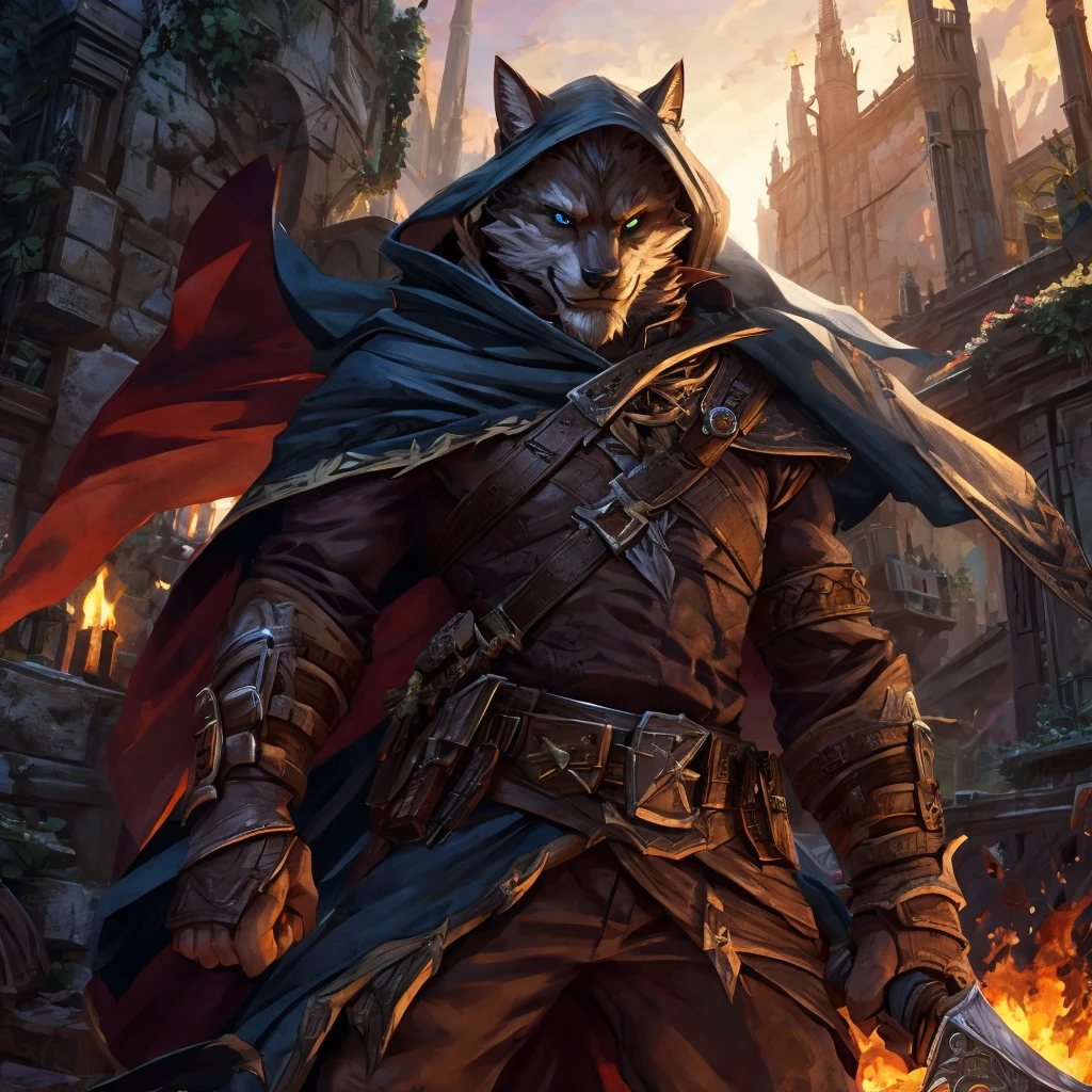 ten mens, rogue , detailed front, high resolution, Detailed lighting, short cloak with details and dagger