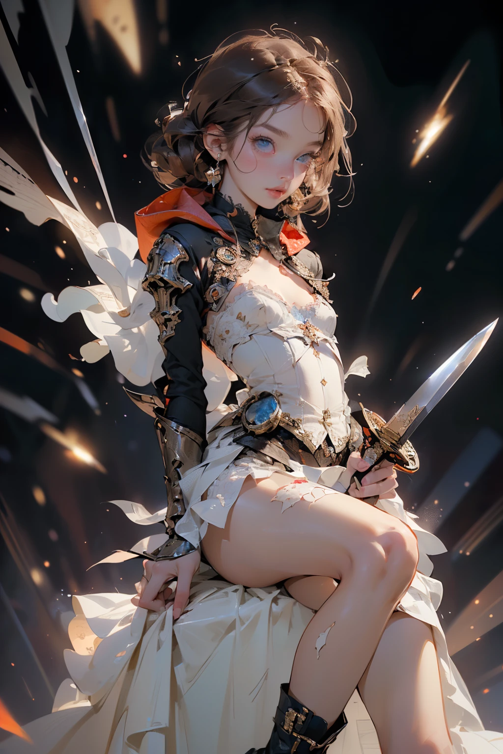 (((masterpiece, of the highest quality, super detailed))), (a female knight of an occult order), ((((a floating sword with a digital glitch-like effect to the blade as though it is rapidly flickering in and out of reality, with a very slight warping effect around it similar to gravitational lensing, is next to her)))), Edwardian/Victorian era inspired, ((minimal but intricate beautiful armour)), Fluttering lace flared dress with frilly petticoats, ((((Highly detailed face))), (((Very sharp focused eyes))), very long eyelashes, small breasts, (((flat chest:1.1))), occult aesthetic, (red and white clothing detailed and intricate steampunk and detailed gothic), (with a hood), complex lace boots