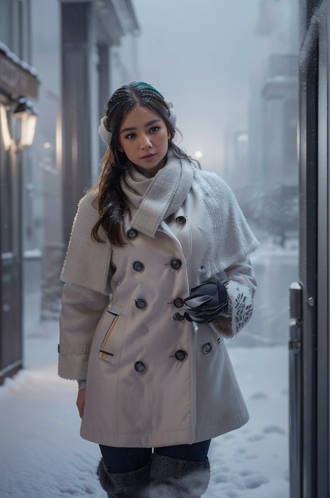 rm winter fashion clothing, ((standing outside in snowy city sban environment, ultra realistic, concept art, elegant, highly detailed, intricate, sharp focus, depth of field, f/1. 8, 85mm, medium shot, mid shot, (((professionally color graded))), bright soft diffused light, (volumetric fog), trending on instagram, hdr 4k, 8k