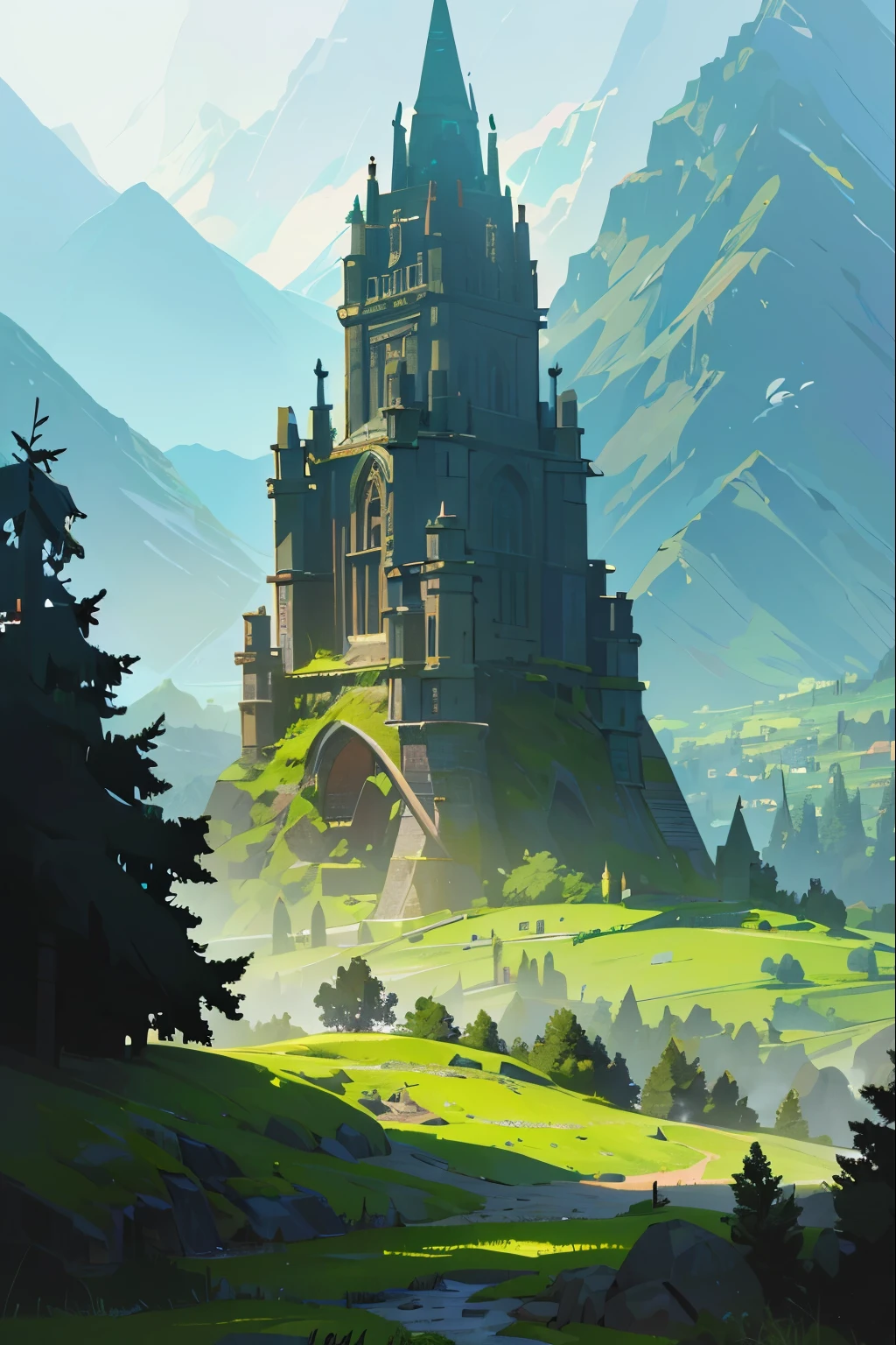 detailed fantasy village in green field among mountains, highly detailed environment, fantasy art, vibrant colors, dramatic lighting, lush foliage, winding paths, medieval architecture, towering peaks, cinematic composition, ethereal atmosphere, photorealistic, 8k, masterpiece