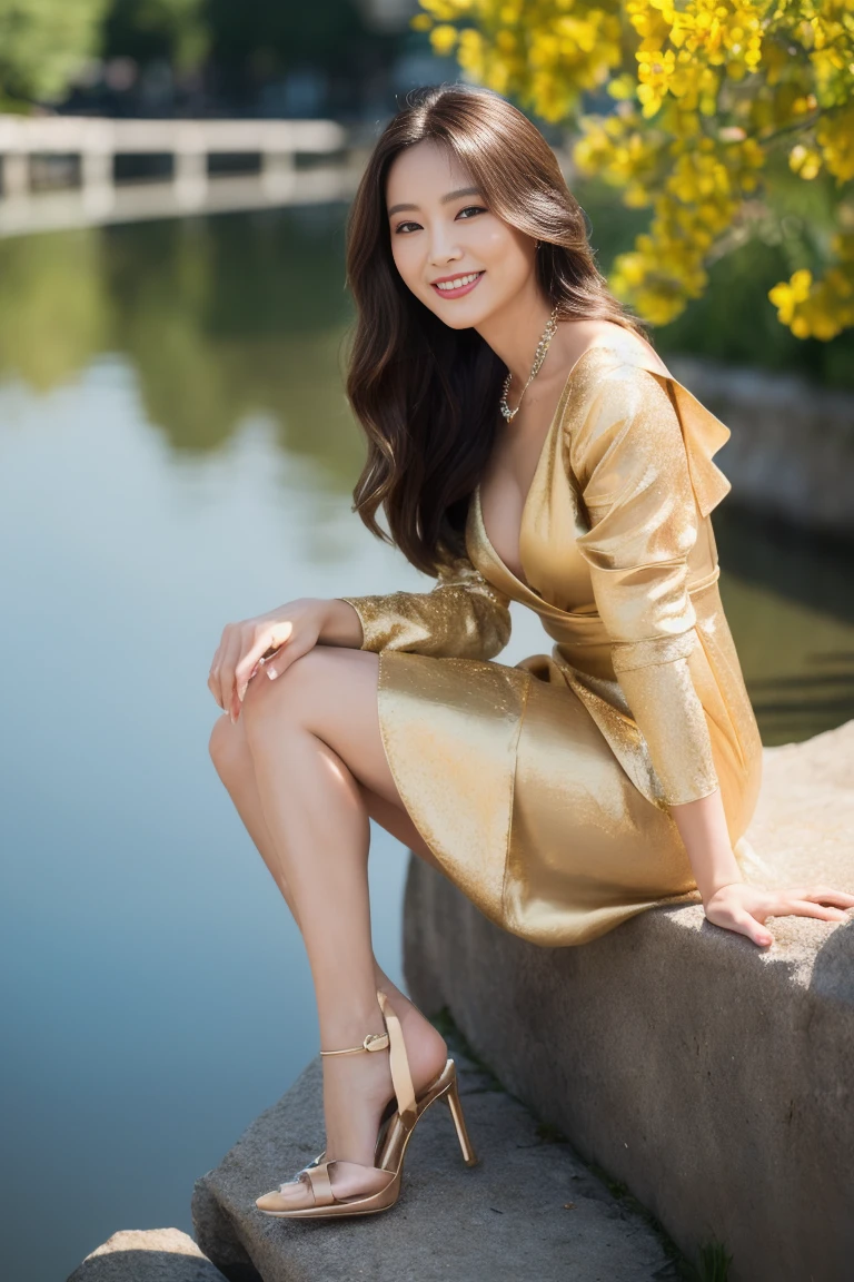( 16k, 8k , best quality, masterpiece, ultra high res, highly detailed face:1.3), an extremely detailed and delicate, SIGMA 85 mm F/1.4, (A slender-faced beauty:1.2), (in the river-side:1.2), sunlight, extremely fine and beautiful, full body shot, Composition with the whole body in the picture, Japanese, (40 yo attractive wife:1.3), very beautiful, (large breast),(Emphasize the cleavage:1.3), Seductive pose, (featuring a refined plunging neckline that tastefully accentuates the cleavage. Made from luxurious palegoldenrod silk, the dress has a flattering wrap design with a cinched waist and knee-length hem. Complement the outfit with delicate gold jewelry, nude heels, and a matching clutch:1.3),(happy smile:1.3), (beautiful eyes :1.3), slender, long brown hair, date,