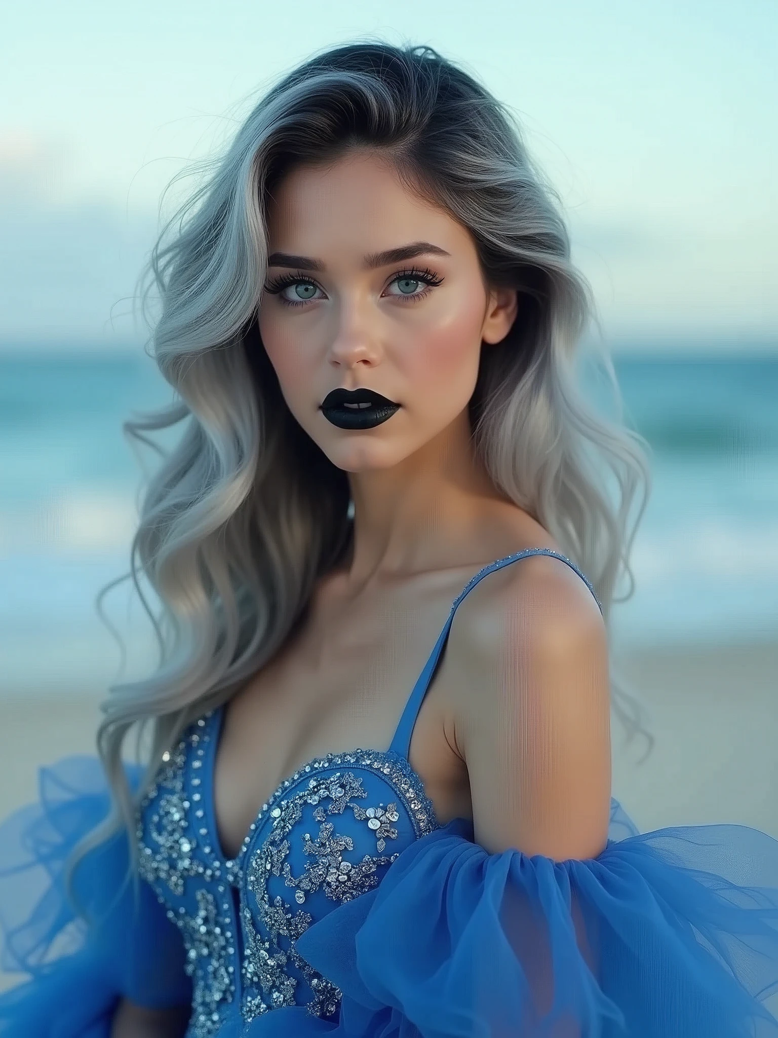 Luxury Perfect hyper realistic incredible hyper resolution On the beach Very cool photographed Ultra very realistic very beautiful Ultra perfect amazing ultra quality amazing extreme Stylish Blue dress incredible epic Miss world photo, cinematic, portrait photography extremely realistic sister 18 years old hair color Silver grey and black and Eyes are blue with black lipstick