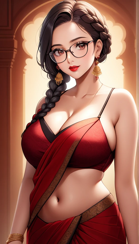a mature lady with one braid hair, wearing aesthetic glasses, face makeup, red lipstick, saree, jhumka earrings, saggy breasts, intricate details, high quality, photorealistic, cinematic lighting, warm color tones, elegant portrait, cleavage,navel
