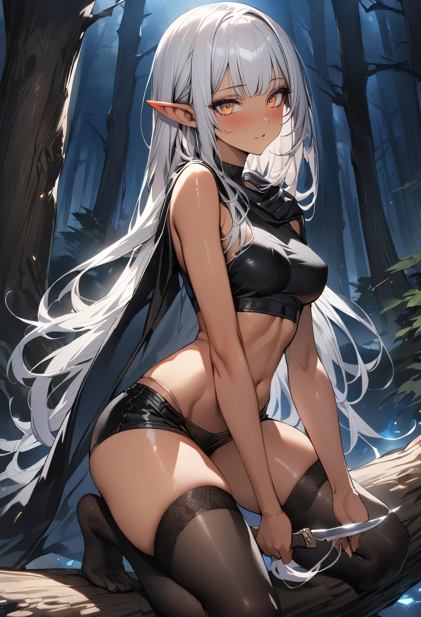 ((masterpiece,best quality anime,Highest quality:1.3)),realistic,cowboy shot,(Mature Beauty),1 Dark Elf woman、独奏,((very small head:1.4)),ideal ratio body proportions,((tan skin)),elf ear,Silver Hair,bangs,straight long hair,gorgeous big eyes,brown eyes,Sharp Eyes,(Assassin Outfit、Black tube top shirt,Black micro shorts、black_thighhighs、Holding a big knife,Black cloak),((slender body,skinny,toned body)),medium breasts,naked,gleaming skin,shiny skin,Crouching posture,On a thick branch、Large tree、forest、Many trees、at night、moonlight、Fantasy World、