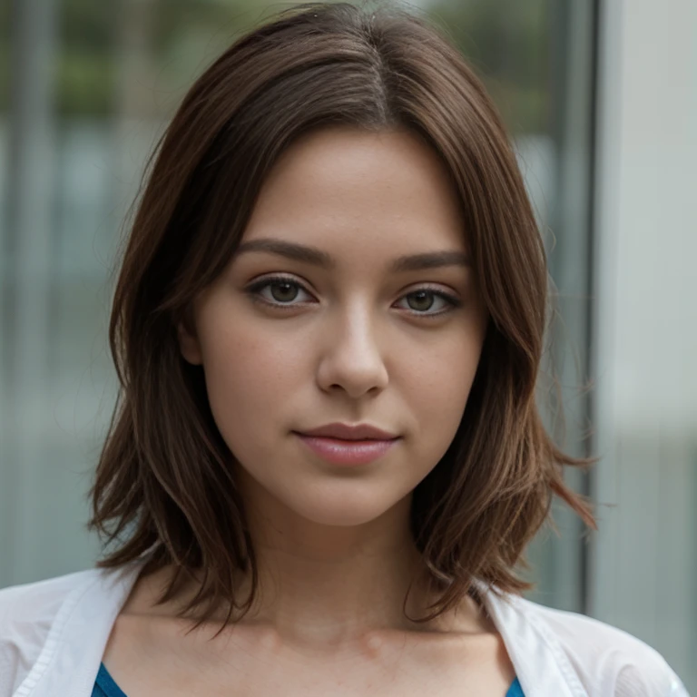 Jeune femme de 25 ans, Brune cheveux long aux yeux bleus, chemisier blanc transparent, pluie d&#39;été, Épaules nues, Coupe-bas, dans un village médiéval, murs en anciennes pierres, portes en bois