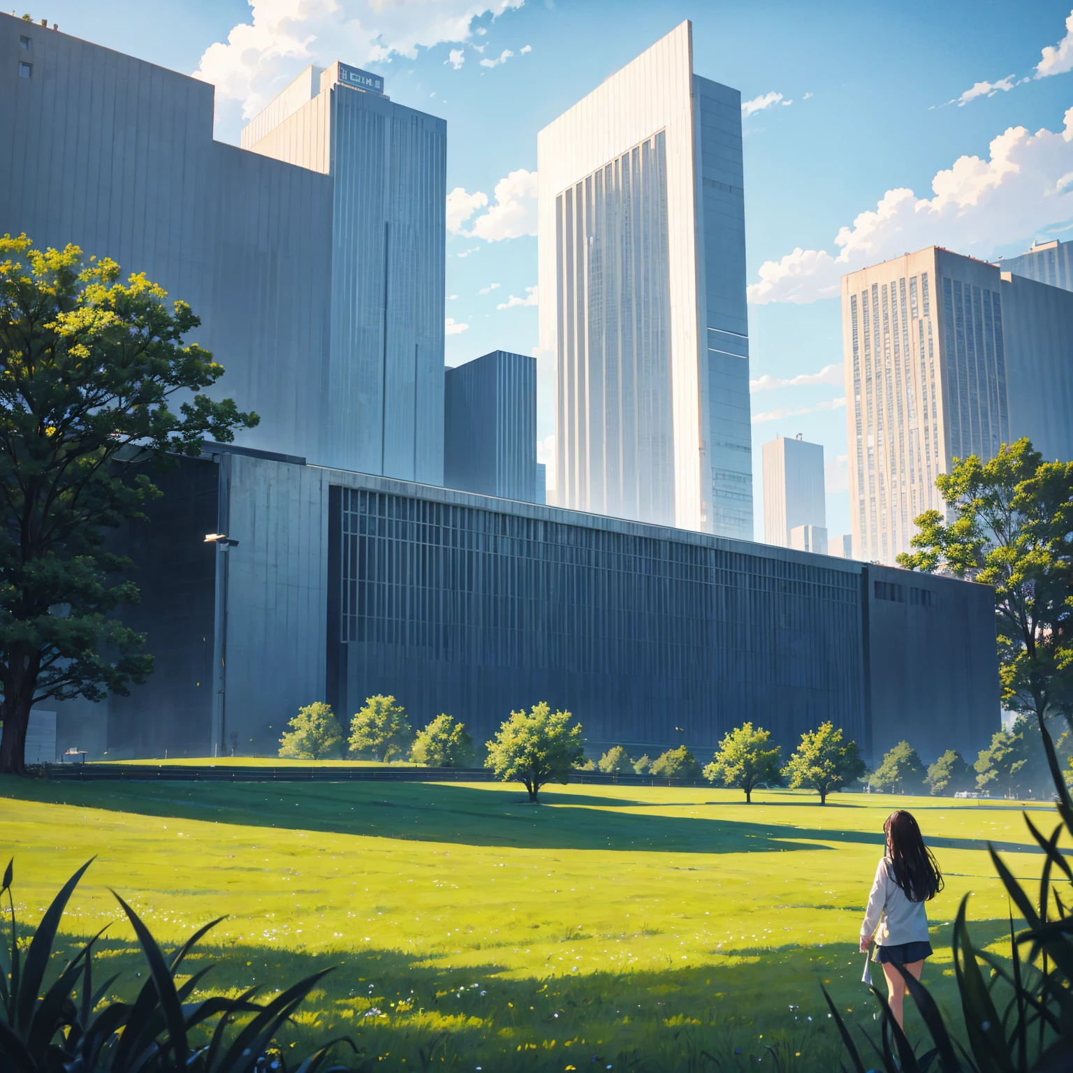 Meadow, big, wide angle, a giant concrete building, No one, distant view