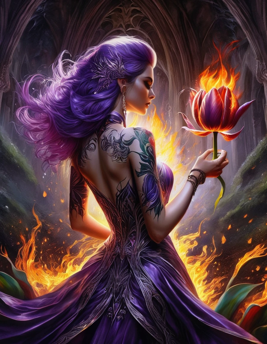 Arafed, Dark fantasy art, fantasy art, goth art, a picture of a tattoo of a tulip on the back of a female elf, a glowing tattoo of a ((tulip: 1.3)) on the elf's back, the ((tulip tattoo: 1.3)) is vivid, intricate detailed,  GlowingRunesAI_purple, ((fire surrounds the tulip: 1.5)), shot taken from the back, ((the back is visible: 1.3), she wears a transparent red dress, the dress is elegant, flowing, elven style, that the tattoos glow, dynamic hair color, dynamic hair style,  vibrant, Ultra-high resolution, High Contrast, (masterpiece:1.5),  highest quality, Best aesthetics, best details, best quality, highres, 16k, (ultra detailed: 1.5), masterpiece, best quality, (extremely detailed) RAW, (ultra details, Masterpiece, best quality) faize, Digital Painting, *channel_42*