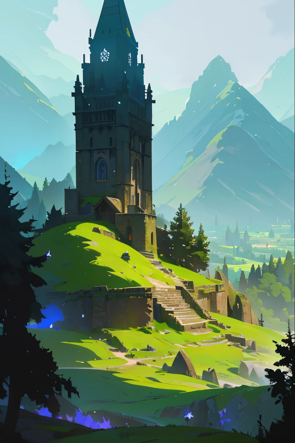 detailed fantasy village in green field among mountains, highly detailed environment, fantasy art, vibrant colors, dramatic lighting, lush foliage, winding paths, medieval architecture, towering peaks, cinematic composition, ethereal atmosphere, photorealistic, 8k, masterpiece