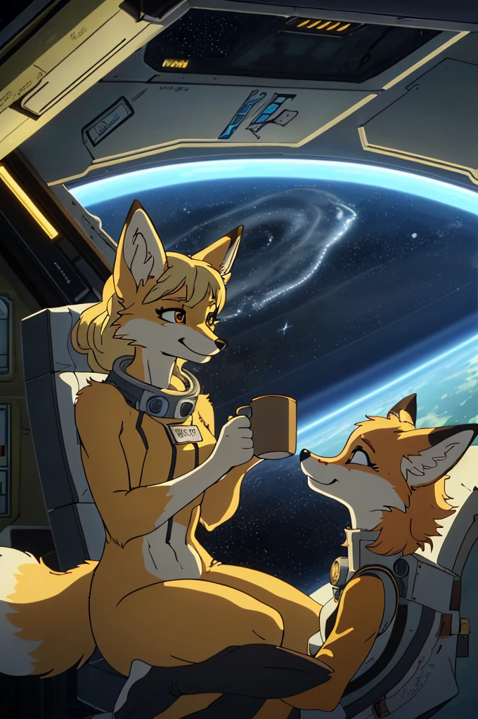 a fox furry ,(with yellow fur,Female and crazy history expression)drinking coffee on a spaceship in space