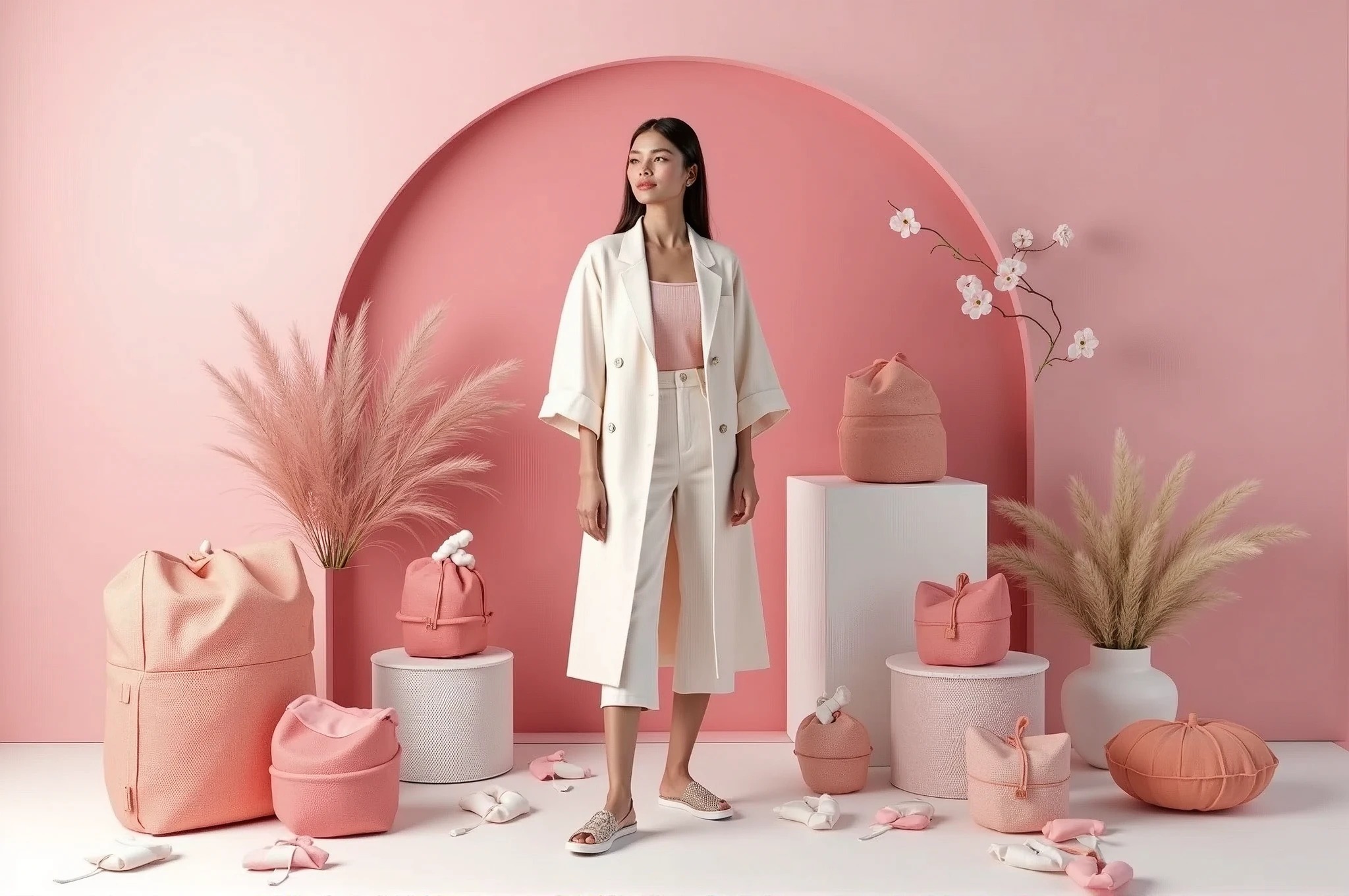 Ads bannermockup commerce, pink and white color palette with clothes woman, Outfit Flat Lay with Accessories , realistic detail, rendering octane render, 3d detail, photo realistic, packshot product