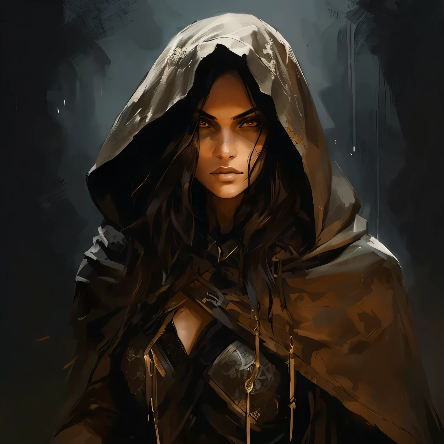 "A dark, detailed illustration of a fierce hooded woman with beautiful almond-shaped brown eyes. Her gaze is tough and intimidating, exuding strength and determination. The hood casts shadows over her face, enhancing her mysterious and powerful presence, depicted in a dramatic, intricate style --ar 1:1"






