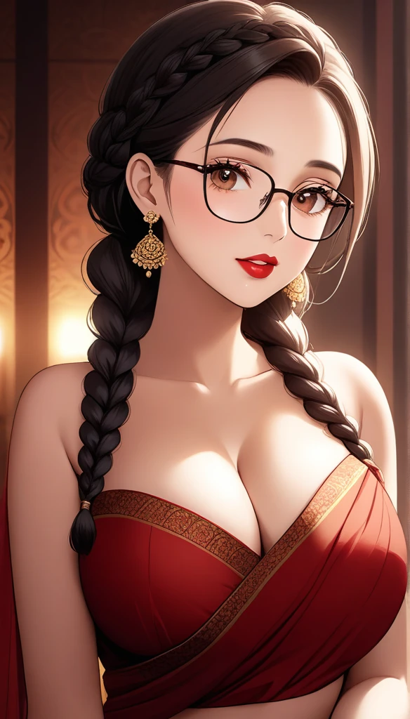 a mature lady with one side braid hair, wearing aesthetic glasses, face makeup, red lipstick, saree, jhumka earrings, saggy breasts, intricate details, high quality, photorealistic, cinematic lighting, warm color tones, elegant portrait, cleavage,navel