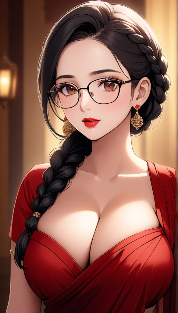 a mature lady with one side braid hair, wearing aesthetic glasses, face makeup, red lipstick, saree, jhumka earrings, saggy breasts, intricate details, high quality, photorealistic, cinematic lighting, warm color tones, elegant portrait, cleavage,navel