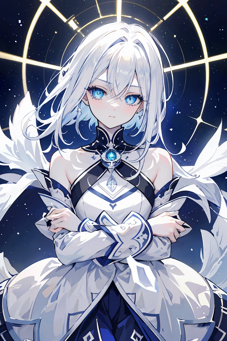 Name: Kaito Stellevan Element: STELLARA Description: A reclusive yet brilliant celestial mage, known for his uncanny ability to manipulate the stars. With piercing azure eyes and silver-white hair, Kaito is a living enigma in the realm of Umbranox. Prompt: ((((Obra maestra, La mejor calidad, ultrahigh resolution)))), 1boy, contemplative, sitting, (silver-white hair), ((eye:1, right_eye:0.5)), long hair cut, pale skin, ((piercing azure eyes)), ((glowing_eyes)), (((ultra detailed eyes:0.6, beautiful and detailed face, detailed eyes:0.9))), ((centered)), (close up, indoor), facing viewer, (((starry night sky, magical aura:0.9))), medium build, looking at a star map, ((introspective, pensive)), ((perfectly groomed)), (((head:1, shoulders in view, arms and hands hidden))), ((touching head)), serene eyes, beautiful lighting, indoor, ((defined subject)), 21 years old, (head tilt), (((excited))), ((extrovert)), (((high contrast, vibrant colors)))