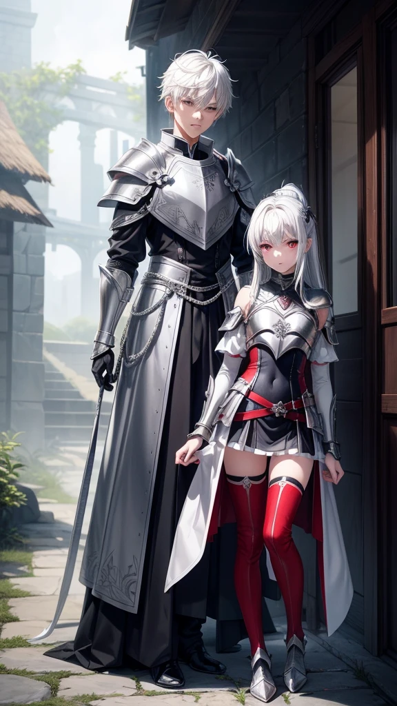 アニメ, 15 year old boy alone), {face perfect}, {White hair}, {[dark red eyes]}, {asymmetrical eyes}, {perfect nose}, {visible lips}, {full body 5.0}, {Silver helmet}, {Silver shoulder pads with red edges}, {Silver breastplate}, {Silver vambraces with red edges}, {Silver waistband with red edges}, {Silver shin guards}, {facing the front, looking at camera}, {at a forest}
{8k image}, {ultra resolution 128k}, {ultra quality},(high quality sharpness)
