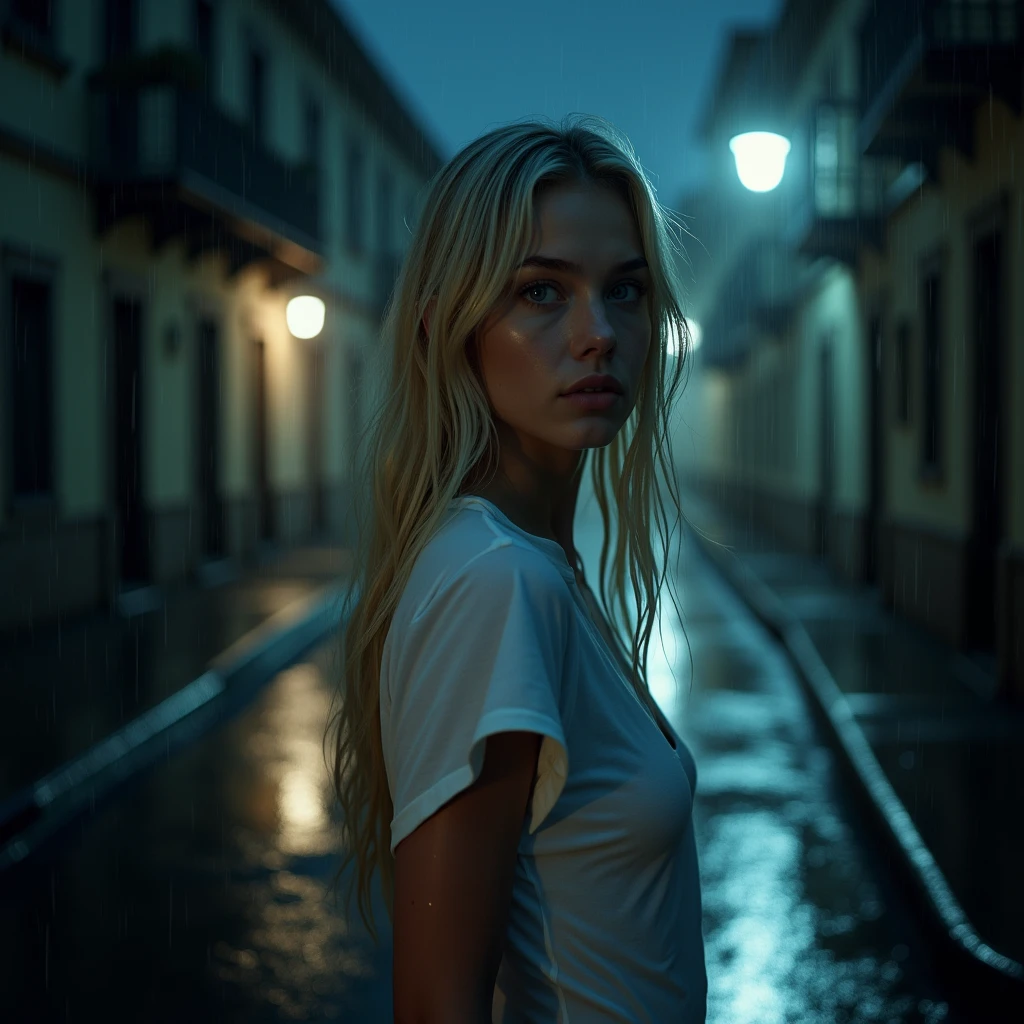 beautiful girl, intense light blonde hairintense light blonde, straight hair, blue eyes, delicate face, pale skin, young. (General plan), ((Night rain)), (night sky).(walking down a dark and deserted street), (walking), (translucent clothing, provocativo), stringbikini, transparent outfit, ((wet white t-shirt)), Masterpiece artwork, realisitic, Rendering, low-contrast, (dark night), city lights, deblurring, aperture 1.6, focusing, (subdued colors), low saturation, digital art realistic photography trend in Artstation 8k HD realistic high definition detailed, detailded, texture skin, hiper detailded, textura de pele realisitic, (Background, in a historic city, ancient city), (the night), (tenebrosa) best qualityer, ultra high-resolution, (fotrrealisitic: 1.4),, high resolution, detailded, fot crua, Sharp, by Lee Jeffries Nikon D850 film Stock Photography 4 Kodak Portra 400 camera F1.6 Lens Rich Colors Hyper Realistic Texture Dramatic Lighting Trend Unrealengine on ArtStation Cinestill 800, Surreal beauty, charming beauty, 8k