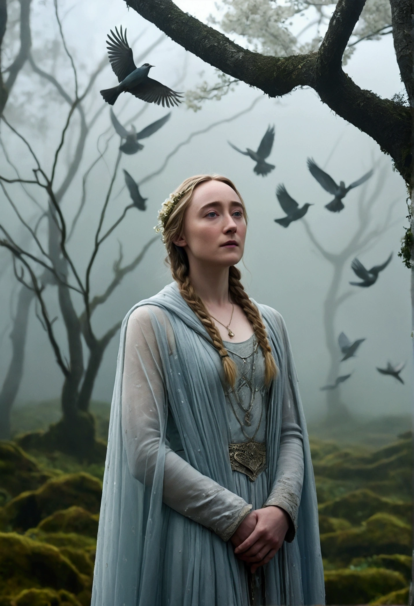 Saoirse Ronan is portrayed as a Guardian of Dreams in a valley shrouded in magical mist that shimmers with soft lights. Wearing an ethereal cloak that floats gracefully around her, she stands out amidst the serene, dreamlike setting. The valley is a stunning sight, with the mist shimmering in shades of white and silver, creating a mystical and immersive atmosphere. Creatures made of mist move among the trees, adding a touch of fantasy to the setting. In the background, surreal landscapes rise up, with abstract shapes and vibrant colors that seem to float in the air, creating the sensation of being in a dream. Saoirse, in a quiet and contemplative pose, seems to be at one with her surroundings. Her cloak, made of stretched, lightweight fabrics, reflects the light of the mist, creating a mesmerizing effect. Her gaze is serene and wise, as if she can see beyond the veil of reality and access the secrets of dreams. The atmosphere is enveloping and calm, with an almost palpable silence that invites meditation and reflection. Small details, such as flowers stretching from the ground and birds made of mist flying overhead, add a layer of magic and enchantment to the setting.
This portrait of Saoirse Ronan as a Dreamkeeper in a misty valley captures the essence of a mystical and powerful figure, evoking a narrative of wisdom, connection, and the exploration of the realms of the unconscious.