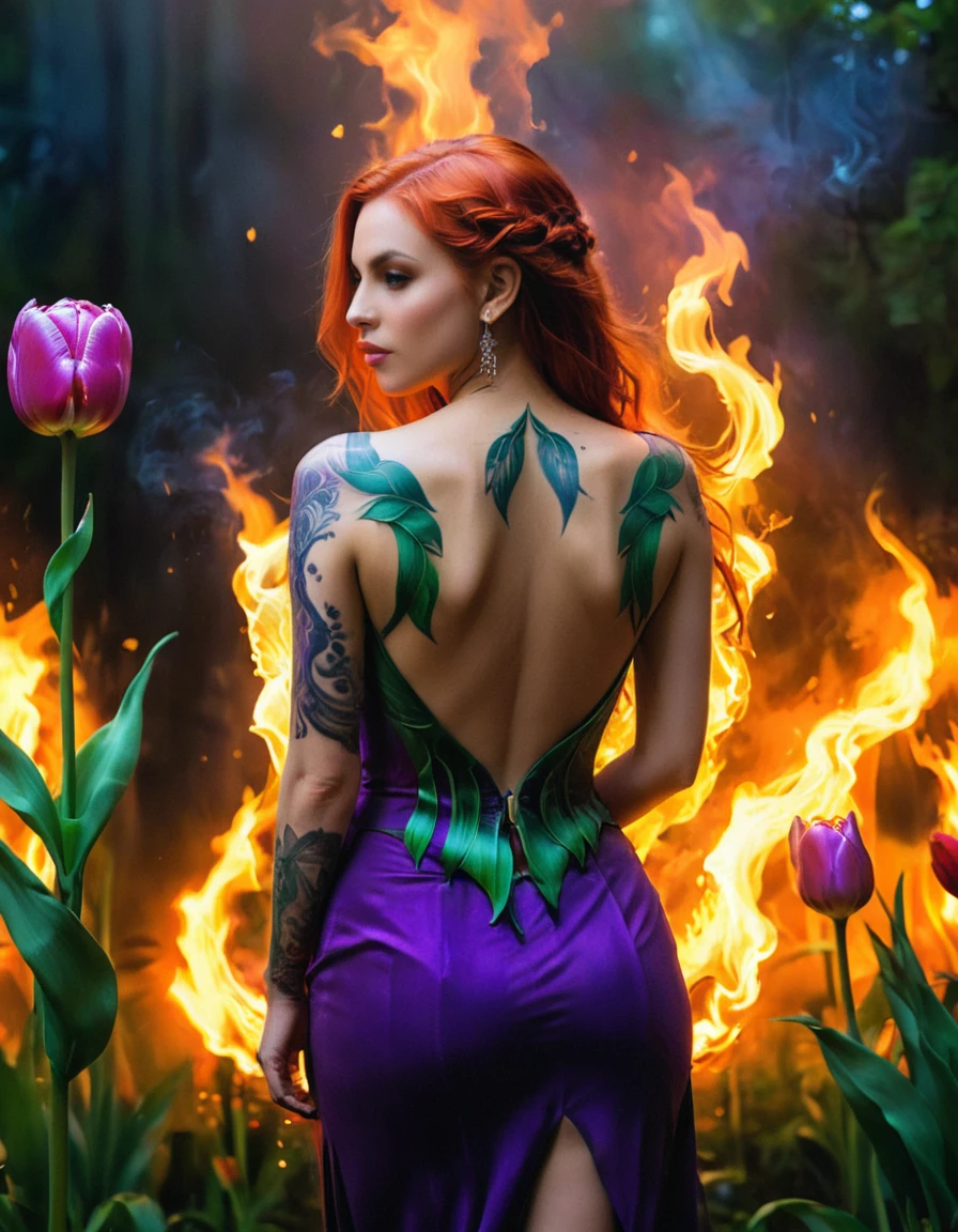 Arafed, Dark fantasy art, fantasy art, goth art, a picture of a tattoo of a tulip on the back of a female elf, a glowing tattoo of a ((tulip: 1.3)) on the elf's back, the ((tulip tattoo: 1.3)) is vivid, intricate detailed,  GlowingRunesAI_purple, ((fire surrounds the tulip: 1.5)), shot taken from the back, ((the back is visible: 1.3), she wears a transparent red dress, the dress is elegant, flowing, elven style, that the tattoos glow, dynamic hair color, dynamic hair style,  vibrant, Ultra-high resolution, High Contrast, (masterpiece:1.5),  highest quality, Best aesthetics, best details, best quality, highres, 16k, (ultra detailed: 1.5), masterpiece, best quality, (extremely detailed) RAW, (ultra details, Masterpiece, best quality) faize, Digital Painting, *channel_42*