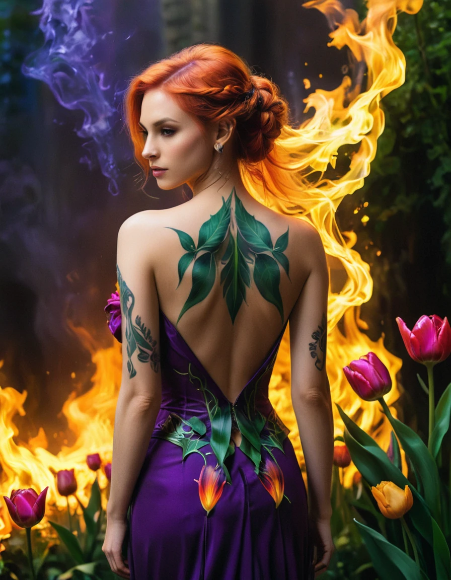 Arafed, Dark fantasy art, fantasy art, goth art, a picture of a tattoo of a tulip on the back of a female elf, a glowing tattoo of a ((tulip: 1.3)) on the elf's back, the ((tulip tattoo: 1.3)) is vivid, intricate detailed,  GlowingRunesAI_purple, ((fire surrounds the tulip: 1.5)), shot taken from the back, ((the back is visible: 1.3), she wears a transparent red dress, the dress is elegant, flowing, elven style, that the tattoos glow, dynamic hair color, dynamic hair style,  vibrant, Ultra-high resolution, High Contrast, (masterpiece:1.5),  highest quality, Best aesthetics, best details, best quality, highres, 16k, (ultra detailed: 1.5), masterpiece, best quality, (extremely detailed) RAW, (ultra details, Masterpiece, best quality) faize, Digital Painting, *channel_42*