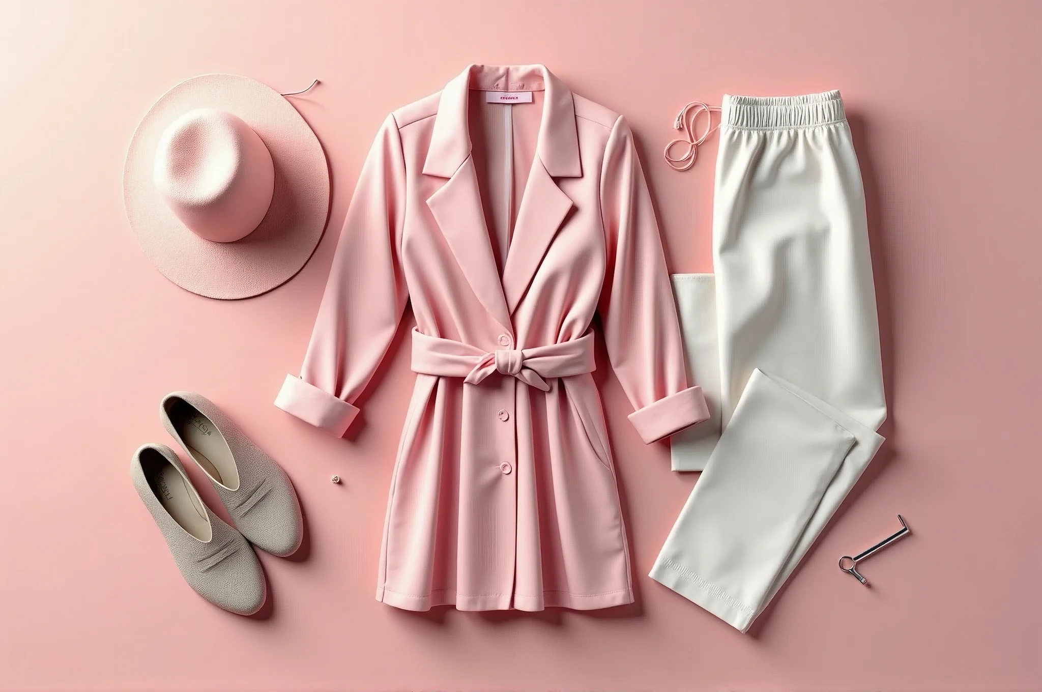 Ads  bannermockup commerce,  pink and white color palette with  clothes woman, Outfit Flat Lay with Accessories , realistic detail, rendering octane render, 3d detail, photo realistic, packshot product 