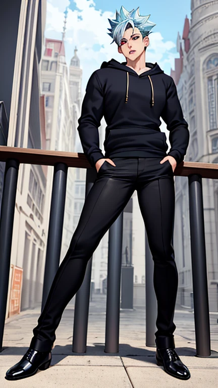 masterpiece, best quality, stand,frontal,ultra-detailed, 1boy, solo, male focus,black hoodie,black trousers, looking at viewer, , , ban_nanatsu_no_taizai,blue hair,red eyes ,handsome,muscular , ultra detail,ultra Hd, full body, black shoes, 