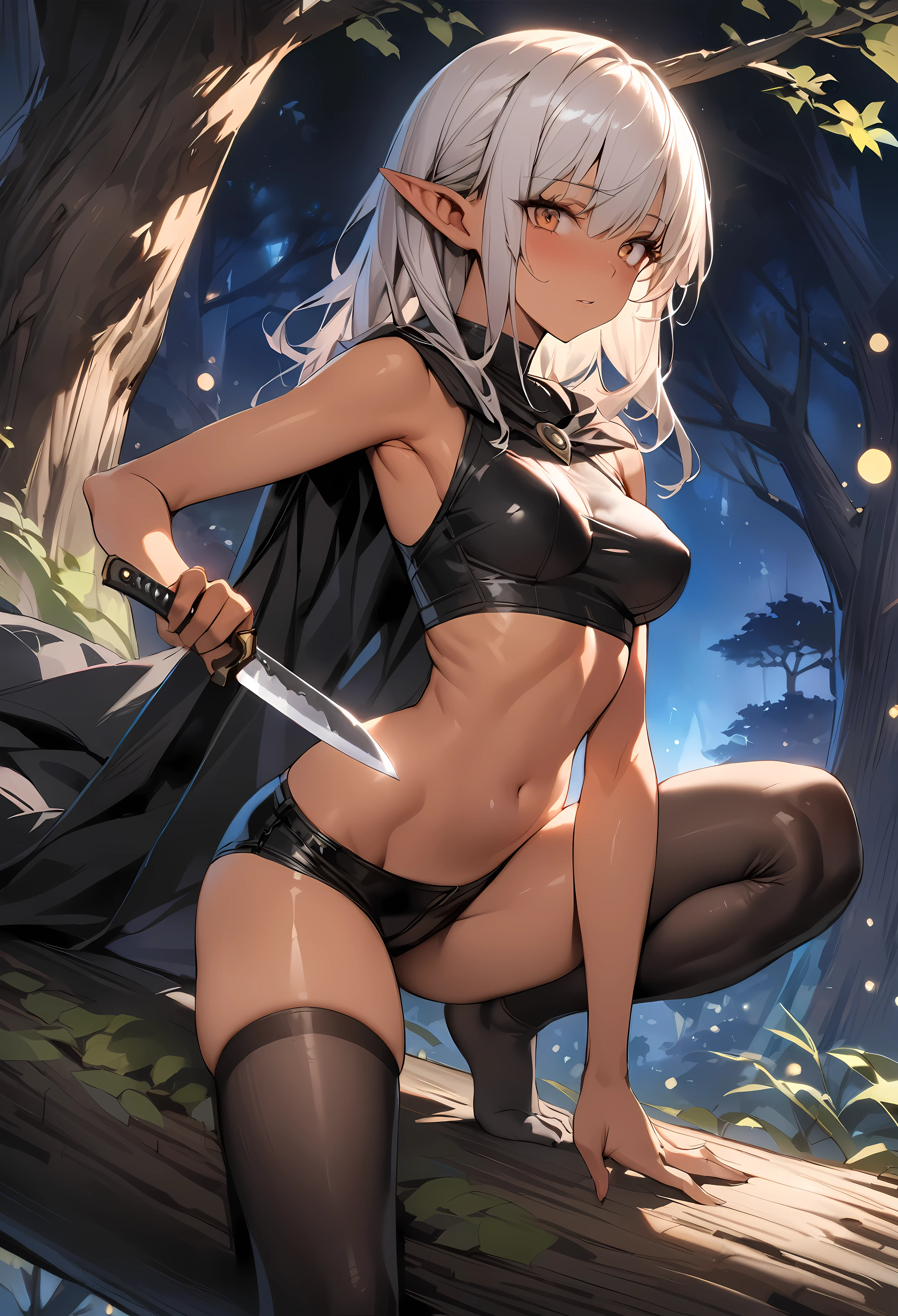 ((masterpiece,best quality anime,Highest quality:1.3)),realistic,cowboy shot,(Mature Beauty),1 Dark Elf woman、solo,((very small head:1.4)),ideal ratio body proportions,((tan skin)),elf ear,Silver Hair,bangs,straight long hair,gorgeous big eyes,brown eyes,Sharp Eyes,(Assassin Outfit、Black tube top shirt,Black micro shorts、black_thighhighs、Holding a big knife,Black cloak),((slender body,skinny,toned body)),medium breasts,naked,gleaming skin,shiny skin,Crouching posture,On a thick branch、Large tree、forest、Many trees、at night、moonlight、Fantasy World、