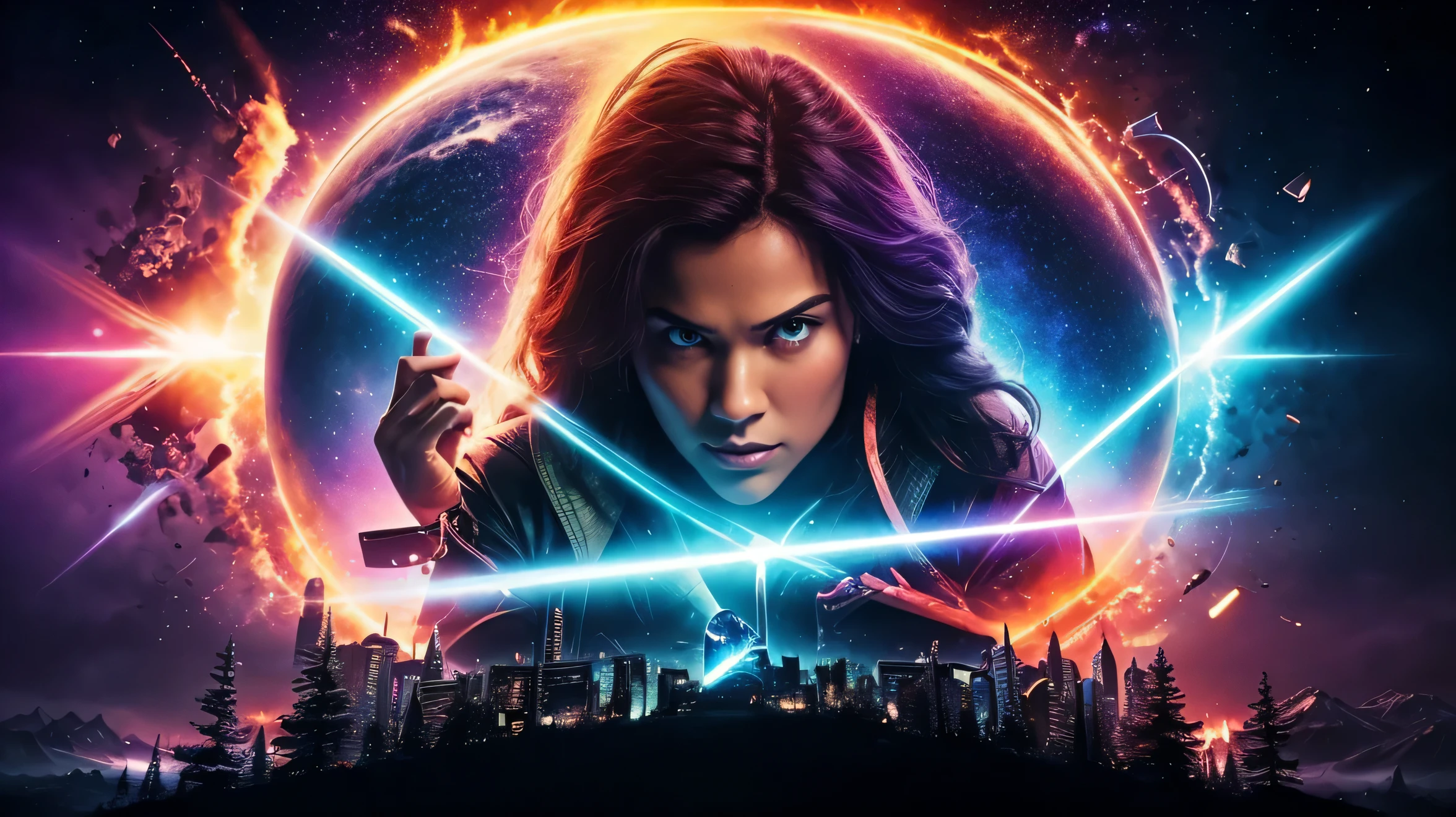 Create a visually stunning YouTube thumbnail for a movie recap video about a thrilling parallel universe time travel adventure. The thumbnail should be eye-catching, vibrant, and intriguing, capturing the essence of the movie's complex plot and exciting visuals. Here are the key elements to include: