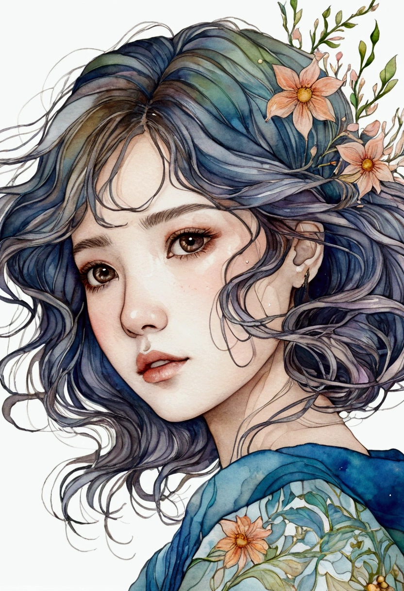 Playing with the tides,shook, blackhole eyes, Wind, 舞い散るflowerびら, Stained Glass AI, decorative, Intricate details, Dukhkova, 2D, Line art, watercolor, ink watercolor, Random color hair, medium hair, Wavy, One girl,old,flower, old,