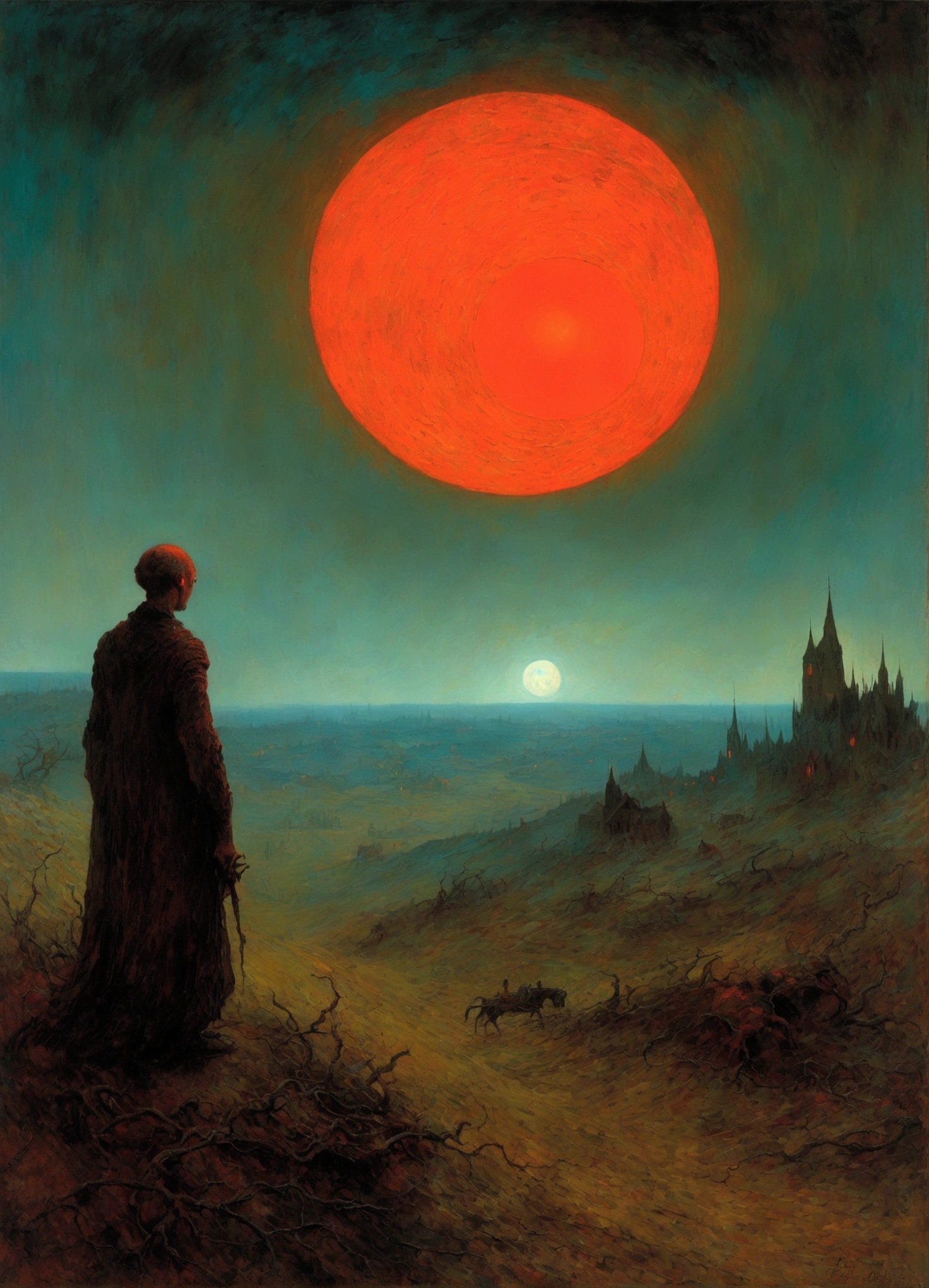 Mythical creatures, author:Zdzislaw Beksiński and Vincent van Gogh, romantic,landscape、Red moon and big eyes