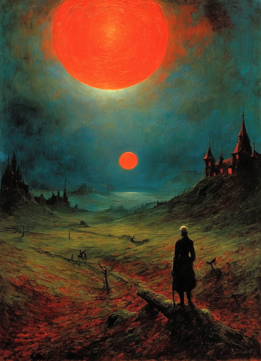 Mythical creatures, author：Zdzislaw Beksiński and Vincent van Gogh, romantic,landscape、Red moon and big eyes