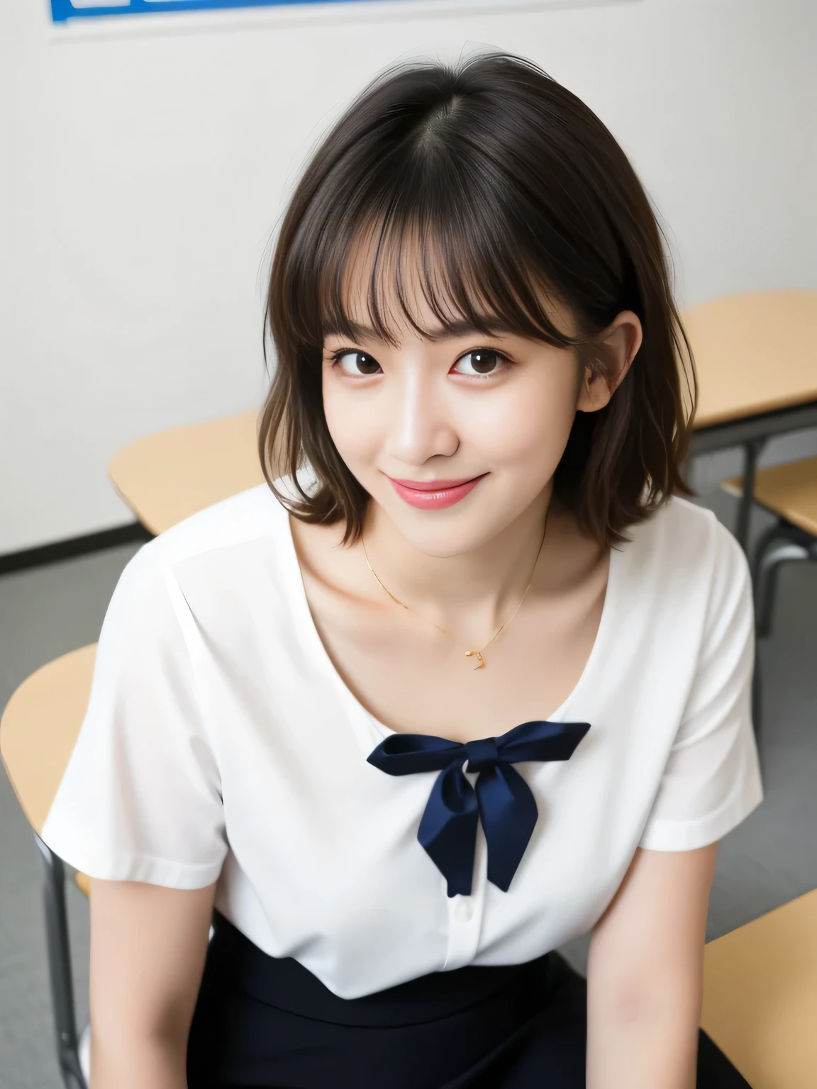 ((masterpiece, Highest quality, High resolution)), (Realistic: 1.4), One Japanese woman, 25-year-old teacher, background:School staff room、Smile, Smile, Lightweight white blouse、White bowtie with bow、Shiny grey pencil skirt、Sitting in a chair and looking up、Beautiful black hair, short hair, Big eyes, Transparent double eyelids, eyelash,  Absolute area, ((Full body photo)), (Shot from above), Attractive proportions, Glowing Skin, Beautiful collarbone, Golden ratio face, Perfect Face, bangs, clean bangs, Lip gloss, Pale lips, Pale skin, naked, Small breasts, Small face, Small face, Draw the whole head, draw all 肩, From the side, Gaze looking at the camera