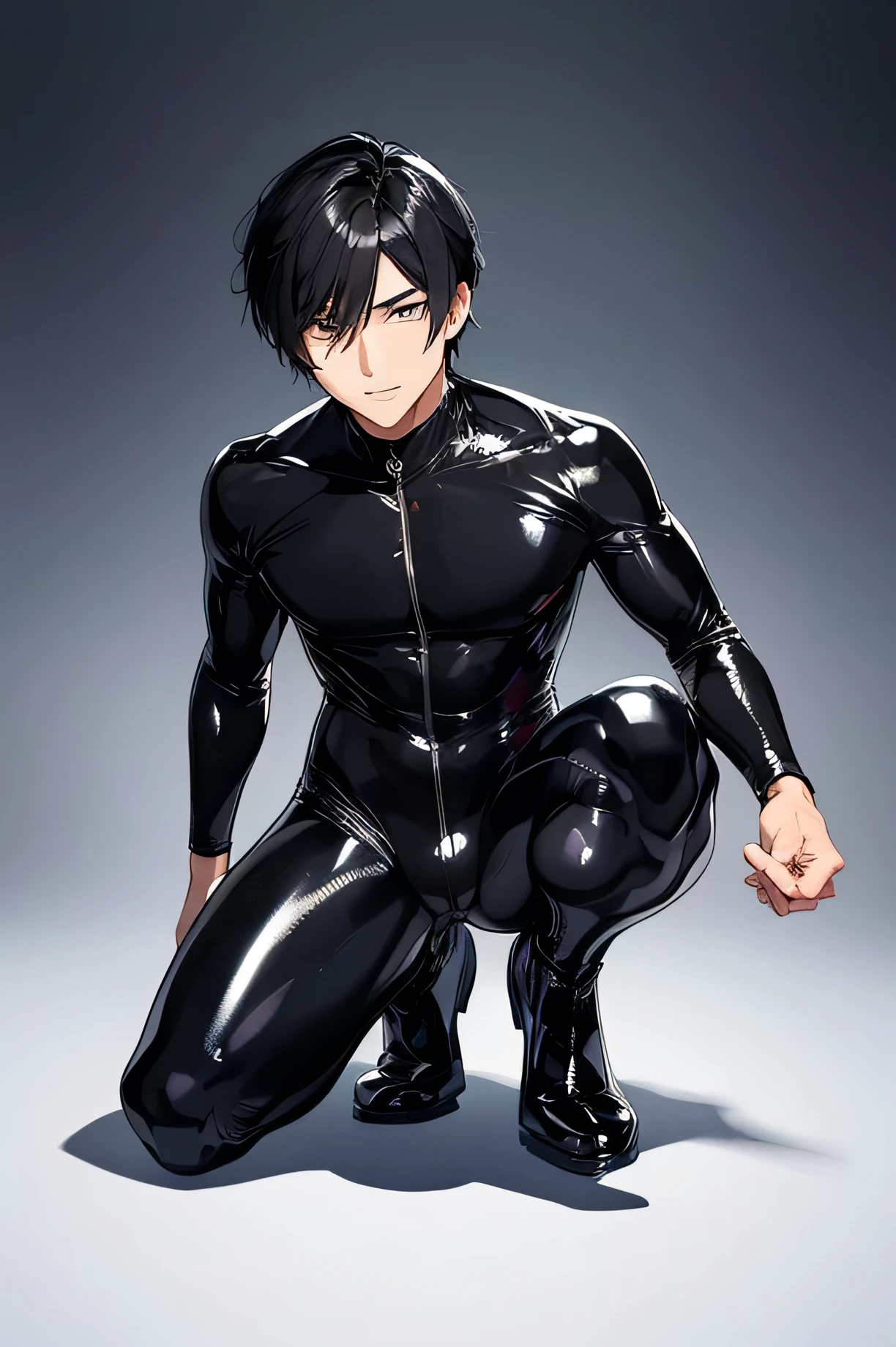 Handsome Japanese male models　　Tough　Rugged　 Fierce　Black Hair　　Short cut　　smile　looking at the camera　　　 　Mega Bulge　　　　Shiny full-body silver suit　　　Shiny silver latex suit　Black Hair　Adult man　　　squat　Get down on one knee　
