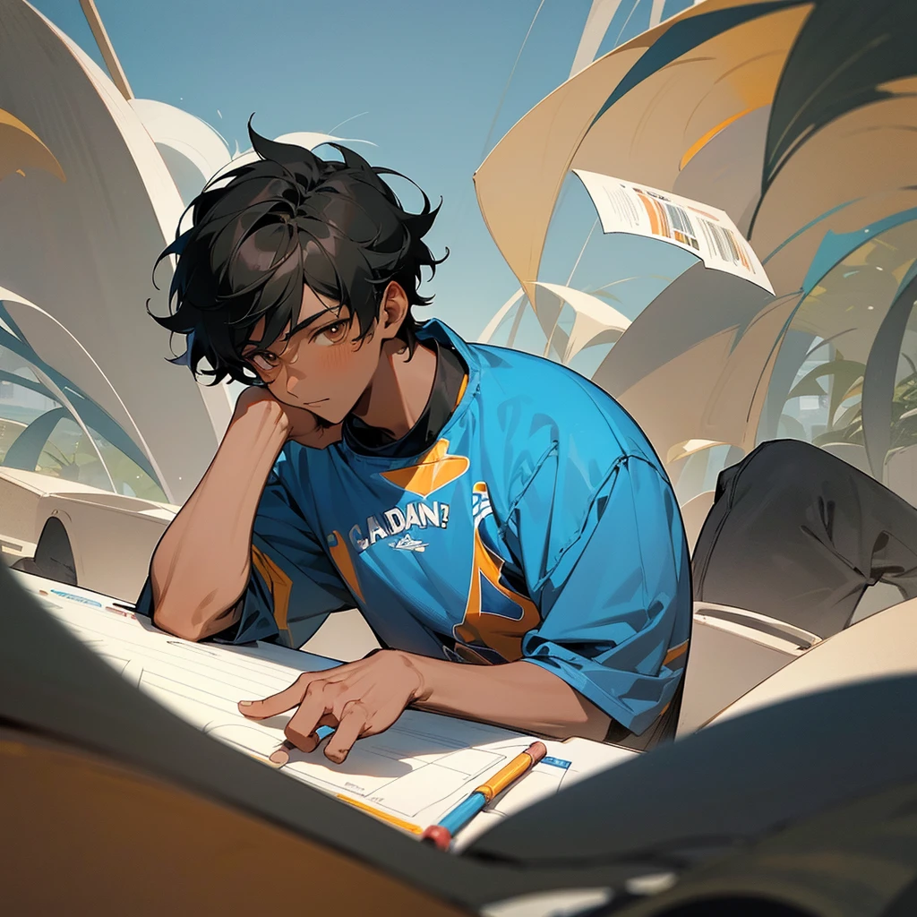 A dark skin boy ..he love sports and quite places . He got balck hair ..he got brown eyes he loves drawing . In a studying pose