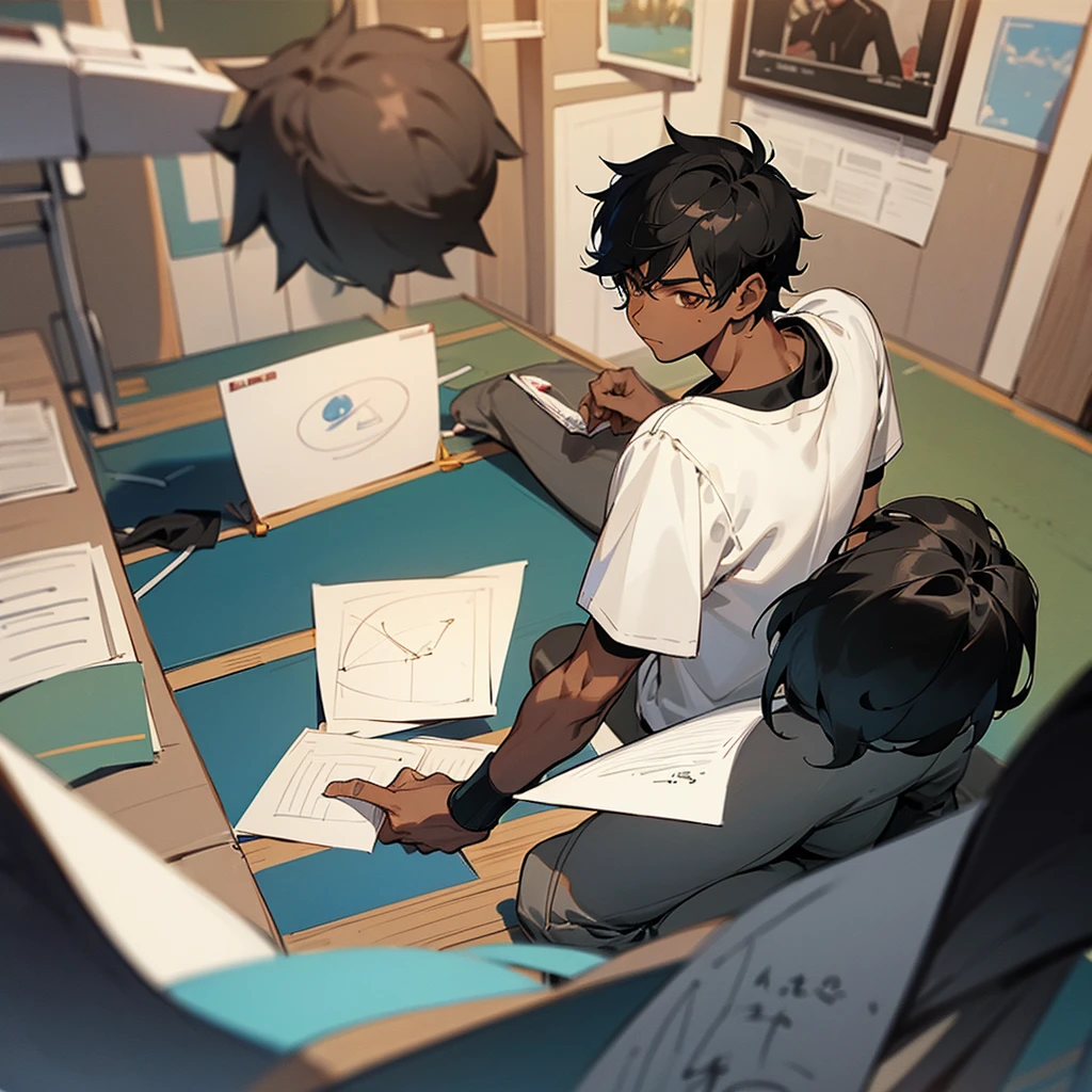 A dark skin boy ..he love sports and quite places . He got balck hair ..he got brown eyes he loves drawing . In a studying pose 