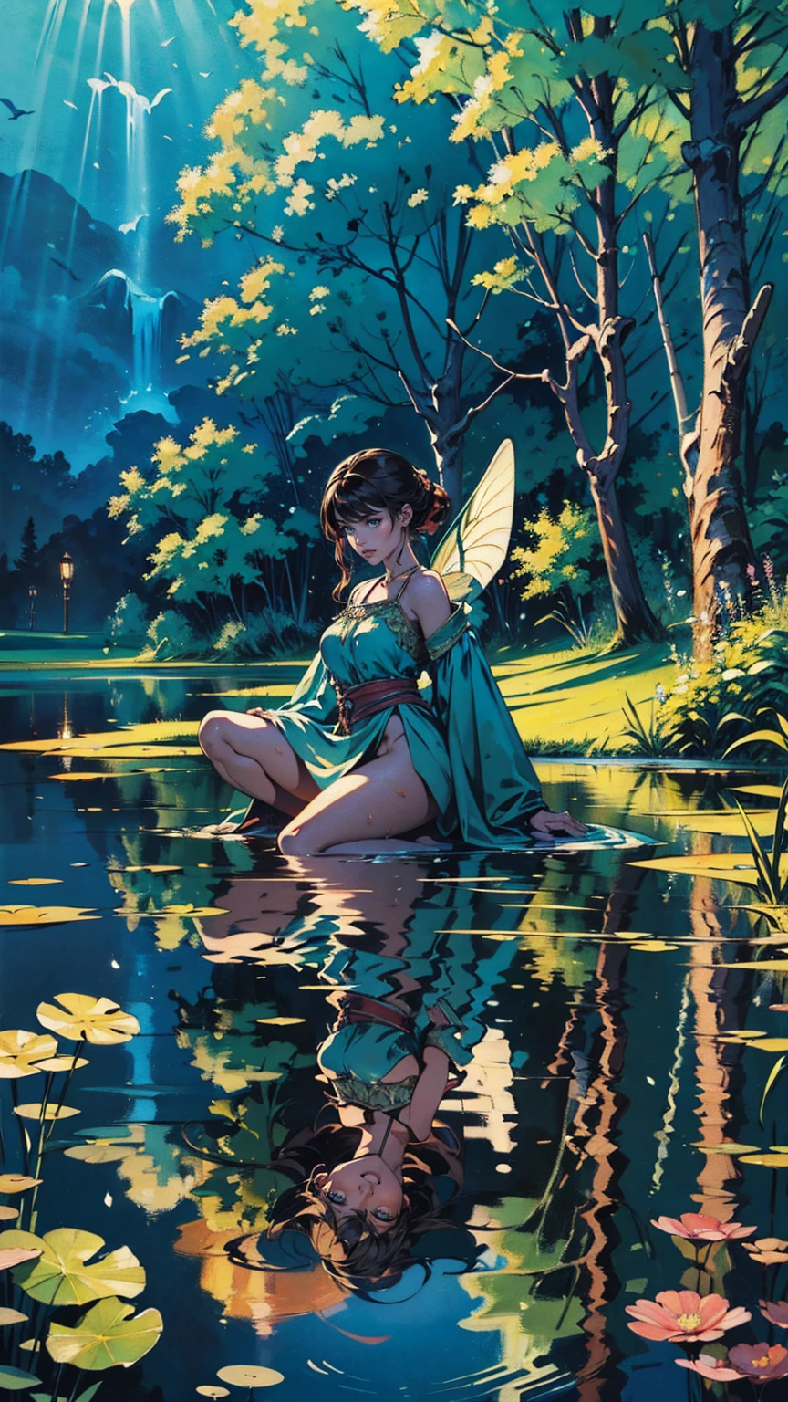  oil painting, evening Pond, beutifull landscape, reflection in Walter, a beautiful water nymph wearing a loose tunic, the bottom of which spreads on the surface of the water,  detailed, Masterpieces,