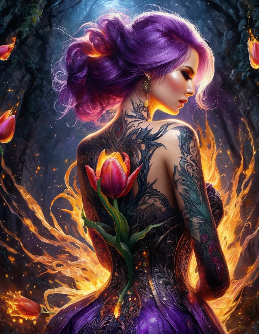 Arafed, Dark fantasy art, fantasy art, goth art, a picture of a tattoo of a tulip on the back of a female elf, a glowing tattoo of a ((tulip: 1.3)) on the elf's back, the ((tulip tattoo: 1.3)) is vivid, intricate detailed, GlowingRunesAI_purple, ((fire surrounds the tulip: 1.5)), shot taken from the back, ((the back is visible: 1.3), she wears a transparent red dress, the dress is elegant, flowing, elven style, that the tattoos glow, dynamic hair color, dynamic hair style, vibrant, Ultra-high resolution, High Contrast, (masterpiece:1.5), highest quality, Best aesthetics, best details, best quality, highres, 16k, (ultra detailed: 1.5), masterpiece, best quality, (extremely detailed) RAW, (ultra details, Masterpiece, best quality) faize, Digital Painting, *channel_42*