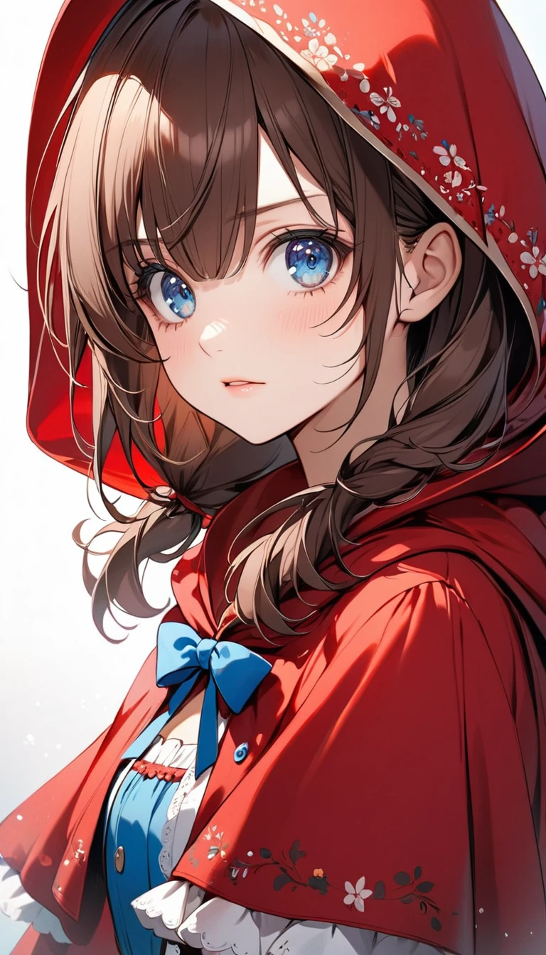 One girl, perfect face, cute staring, teenage girl body, brown hair , half body , wearing a red riding hood, blue cute eyes, black eye patch on the right side,