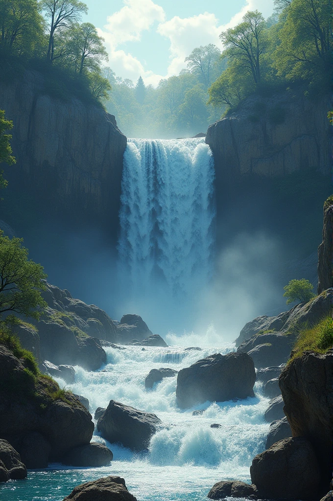 A chaotic rushing waterfall in a serene beautiful landscape, ray tracing, detailed reflections, Intricate, High Detail, dramatic, best quality masterpiece, photorealistic, detailed, 8k, HDR, backlighting, bloom, light sparkles, chromatic aberration, sharp focus