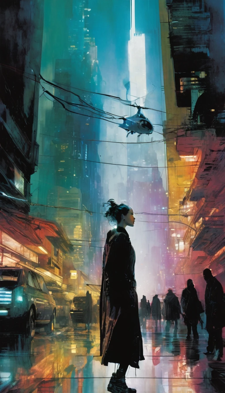 routine in the futuristic city, art inspired by Bill Sienkiewicz and dave mckean