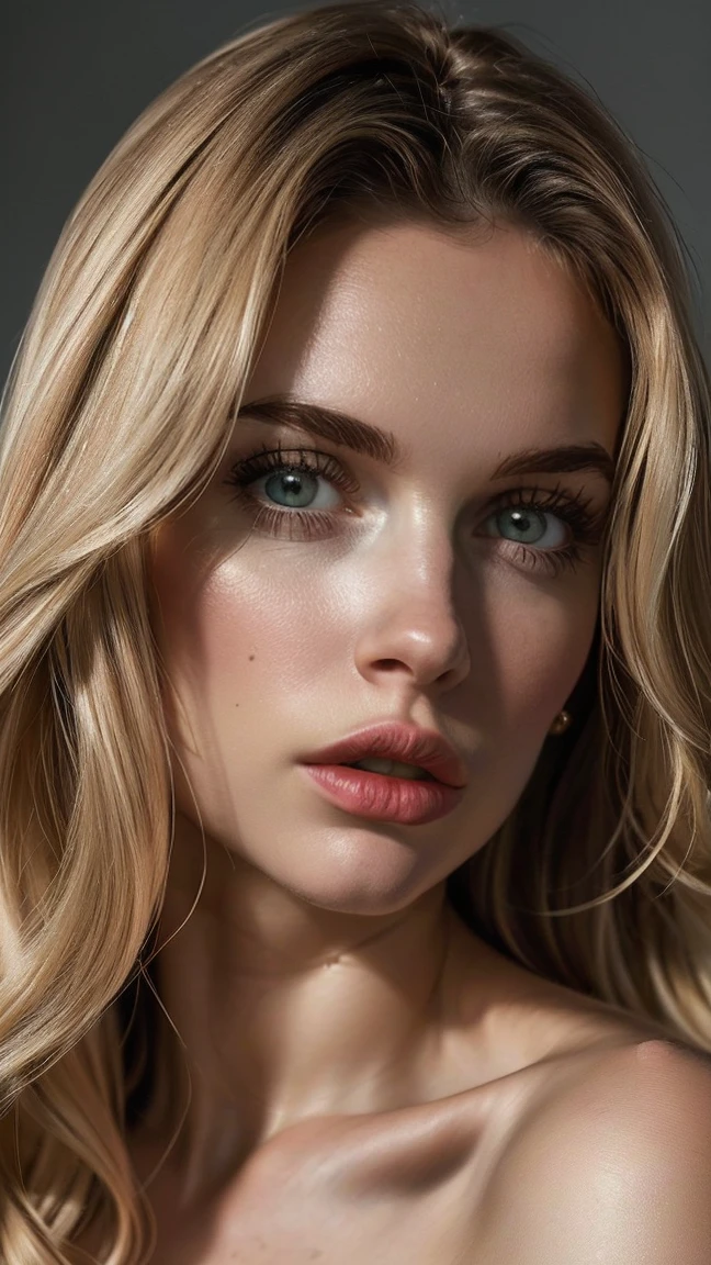 (((Ultra-realistic))) photograph, masterpiece, Highest quality, (Pale skin), (Highly detailed face and eyes:1.1), 1 girl, Adult, Deep neckline, (eye make up, mascara) , ((Big and thin lips)), ((Blonde wavy hair)), ((Chorka)) , ((Natural Breasts)). ((Pause)), photograph撮影, studio ((Lun Guoguang)), (Play of light and shadow), Depth of written boundary, Bokeh, (Attention to detail of skin: 1.2), (Cold atmosphere of the frame, 明るいcolor, color：black), ((Portraiture, Get closer to the camera)) , Super detailed, 