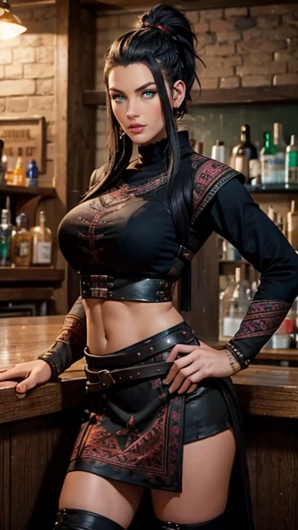 High resolution photograph of a forty year old Nordic woman, woman is said to have a Shieldmaid Mohawk hairstyle, woman is said to have a tall body with long legs and muscular build, woman is wearing a black hold-up crop top embroidered with tribal patterns and a black knee-length wrap skirt with embroidered tribal patterns and knees high buckled boots, the woman is posed casually leaning against a bar counter facing the camera looking into the camera, the scene takes place in an Irish pub