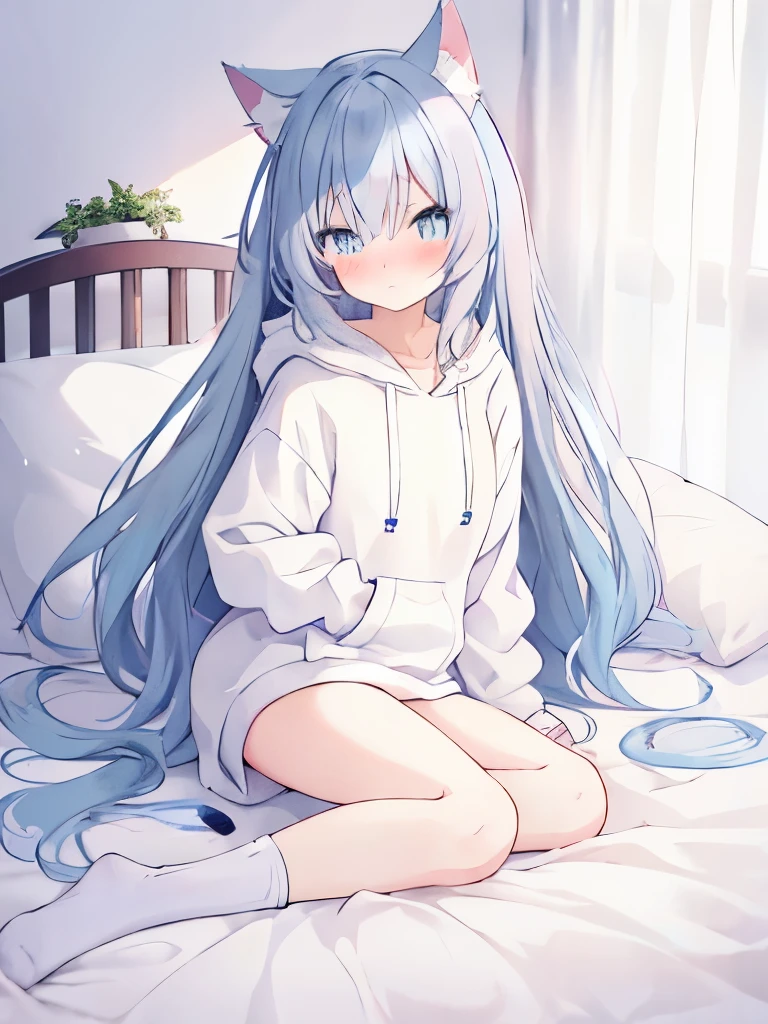 Cute anime girl, laying in bed, cute++, Long blue hair, cat ears, hoodie (white fluffy hoodie)++, exposed thighs, socks, shy (blushing), NSFW, missionary sex