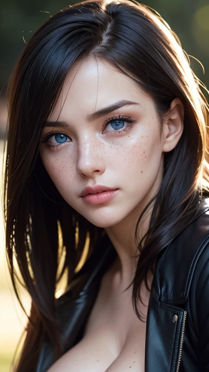 facing the camera head on, hyper detailed, realistic, sharp features, highly detailed, sharp focus, perfect face, perfect symmetrically perfect eyes, perfect full lips, flexible female form, cinematic, film light, hyper realistic, masterpiece, atmospheric, vibrant, dynamic natural lighting, nsfw, bokeh light background, Sexy face, Facial expressions when receiving pleasure, straight Bangs, blue Eyes, over size black jacket, freckles, full body shot, beautiful breasts, cleavage