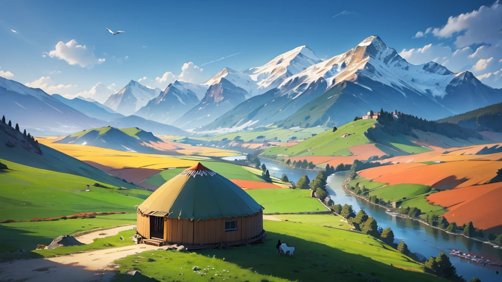 nomads, birds-eye-view, mountains, yurts, horses, people, field, many people