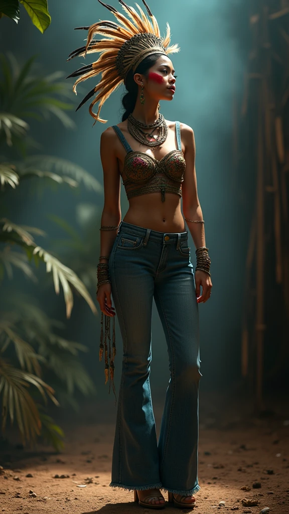 a woman in high heels and flared jeans and t-shirt, extremely detailed, victim of ritual, sexy posing, seductive posing for photoshoot, high heels, wearing a beautiful headdress and traditional indigenous makeup, red, green, blue, 1 girl, realistic, photorealistic, photo-realistic:1.37, best quality,4k,8k,highres,masterpiece:1.2,ultra-detailed,HDR,UHD,studio lighting,ultra-fine painting,sharp focus,physically-based rendering,extreme detail description,professional,vivid colors,bokeh